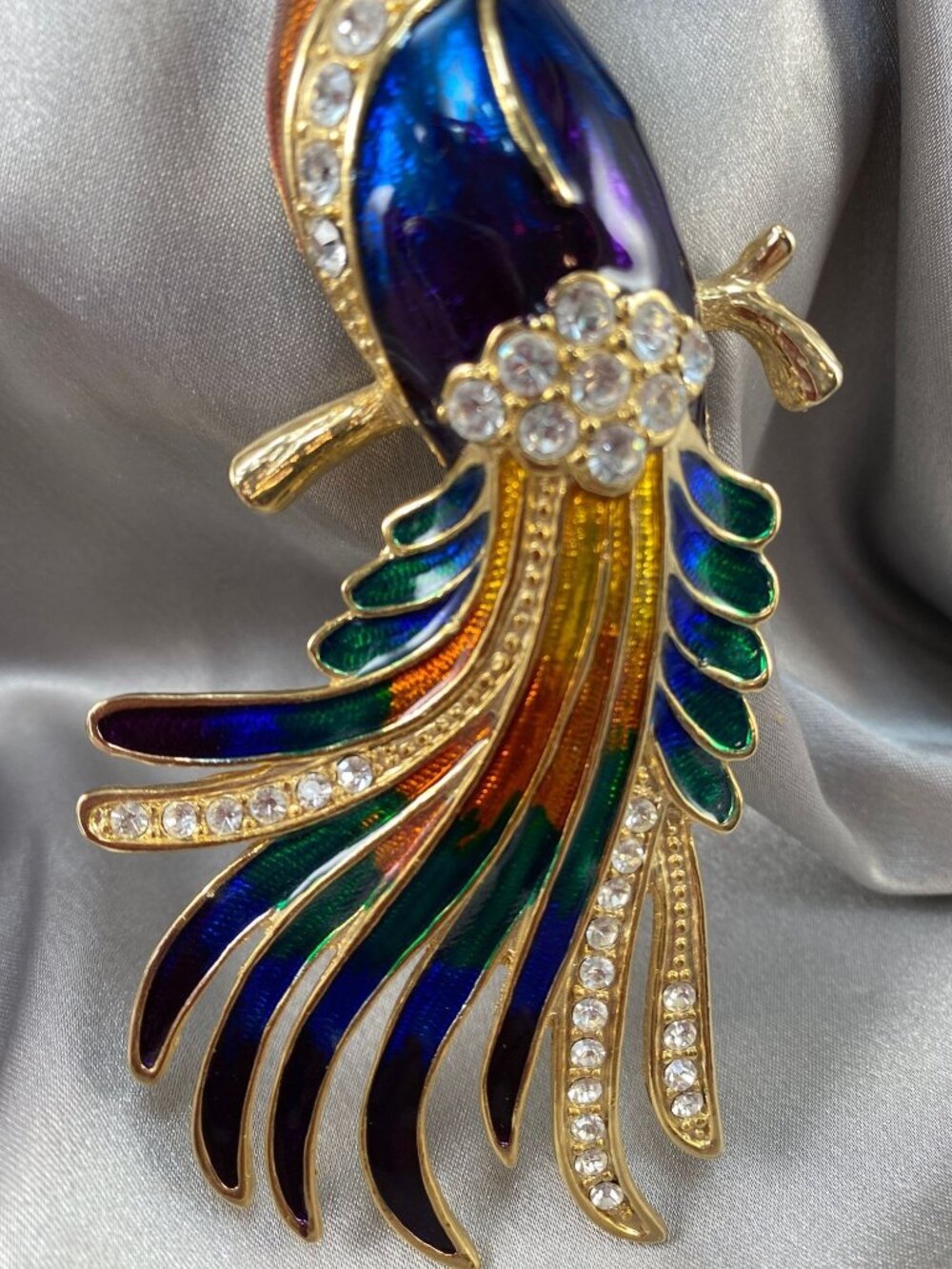 Vintage Bird of Paradise Brooch Large 5.5" Blue Green Enamel Rhinestone Gold Ton - Picture 5 of 7